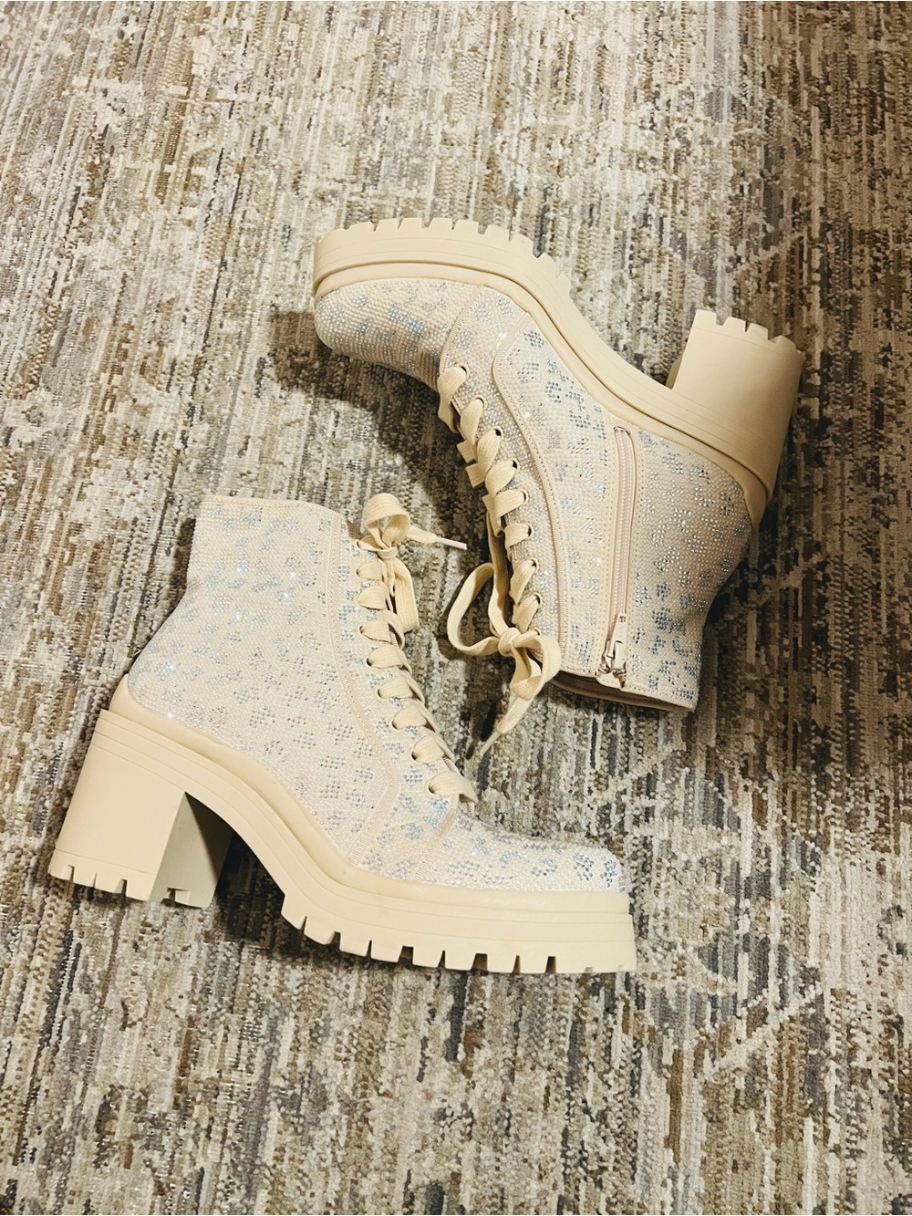 Gianni Bini Women’s Sparkly Chunky Lace-Up Ankle Boots - Cream